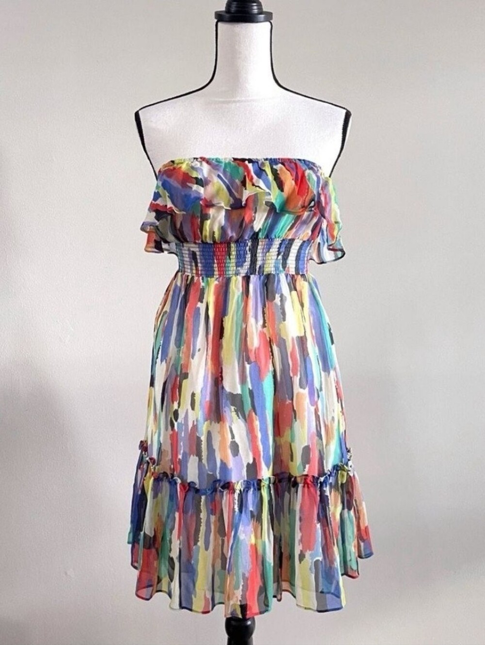 Shoshanna Silk Strapless Dress Multicolor Ruffle Hem Smocked Waist